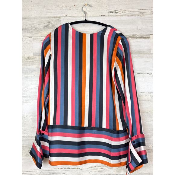 Etcetera Women’s 4 Multicolor Striped V-Neck Long Sleeve Wide Cuff Blouse NEW - Picture 2 of 7